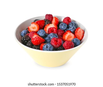 Bowl With Tasty Berry Salad On White Background