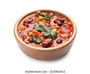 Bowl with tasty chili con carne on white background - Shutterstock ID 2135401411