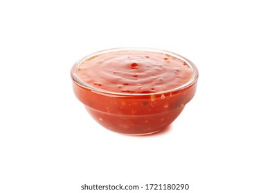 Bowl With Tasty Chilli Sauce Isolated On White Background