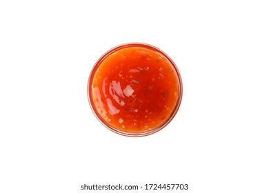 Bowl With Tasty Chilli Sauce Isolated On White Background