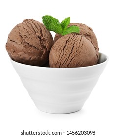 Bowl Of Tasty Chocolate Ice Cream With Mint Isolated On White