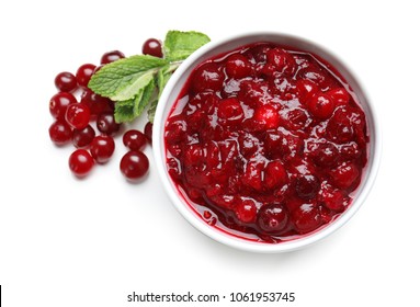 Bowl With Tasty Cranberry Sauce On White Background, Top View