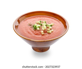 Bowl With Tasty Gazpacho On White Background