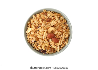 Bowl with tasty granola isolated on white background