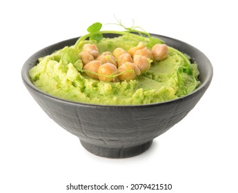 Bowl With Tasty Green Pea Hummus On White Background