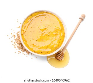 Bowl Of Tasty Honey Mustard Sauce On White Background