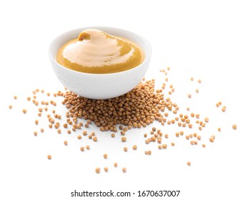 Bowl Of Tasty Honey Mustard Sauce On White Background