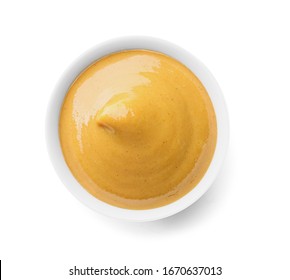 Bowl Of Tasty Honey Mustard Sauce On White Background