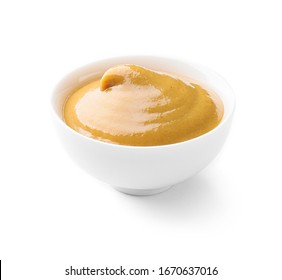 Bowl Of Tasty Honey Mustard Sauce On White Background