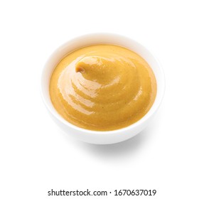 Bowl Of Tasty Honey Mustard Sauce On White Background