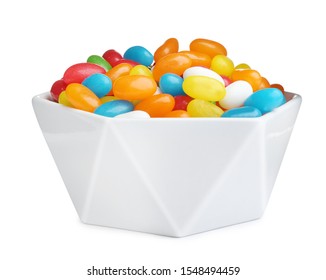 Bowl Of Tasty Jelly Beans On White Background