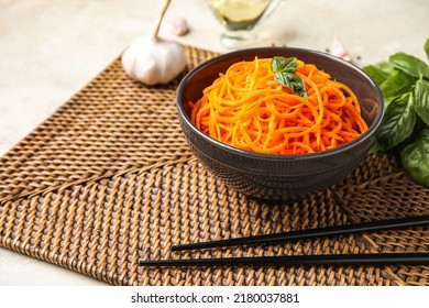 Bowl Of Tasty Korean Carrot Salad On Table