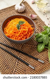 Bowl Of Tasty Korean Carrot Salad On Table