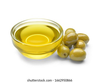 Bowl Of Tasty Olive Oil On White Background