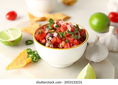 Bowl Of Tasty Pico De Gallo Salsa On Table