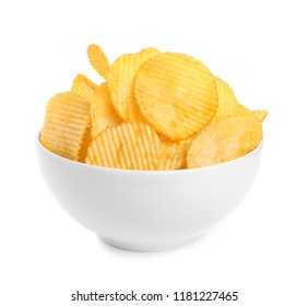 Bowl of tasty ridged potato chips on white background - Powered by Shutterstock