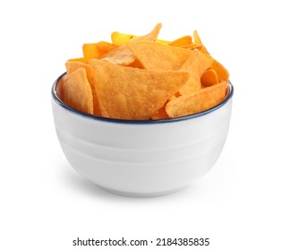 Bowl Of Tasty Tortilla Chips (nachos) On White Background