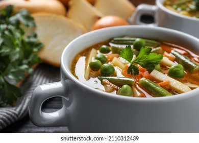 Bowl Of Tasty Turnip Soup On Table, Closeup