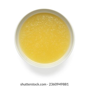 Bowl of tasty vegetable broth on white background