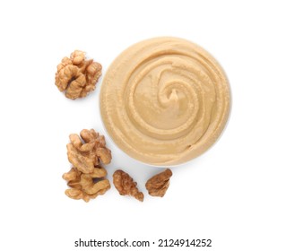 Bowl Of Tasty Walnut Butter Isolated On White, Top View