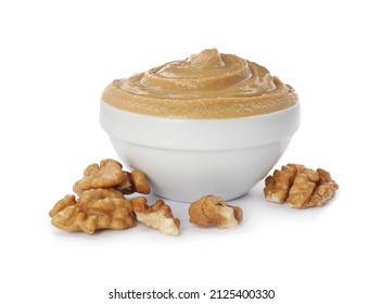 Bowl Of Tasty Walnut Butter Isolated On White