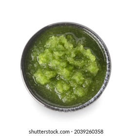 Bowl Of Tomatillo Salsa Verde Sauce On White Background