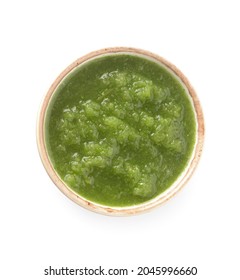 Bowl Of Tomatillo Salsa Verde Sauce On White Background