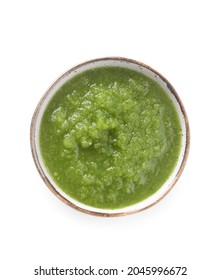 Bowl Of Tomatillo Salsa Verde Sauce On White Background