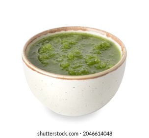 Bowl Of Tomatillo Salsa Verde Sauce On White Background