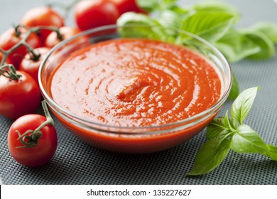 Bowl Of Tomato Pulp, Pure, Sauce, Basil Leaves