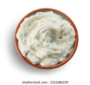 Bowl Of Tzatziki Sauce Isolated On White Background, Top View