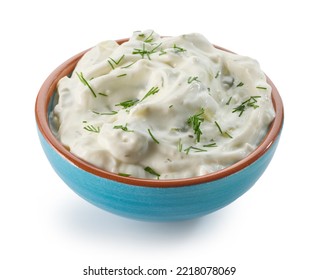 Bowl Of Tzatziki Sauce Isolated On White Background