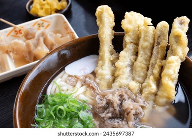 A bowl of udon - a Japanese noodle usually served with beef and fried burdock. 