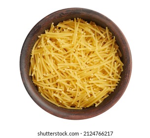 Bowl of uncooked vermicelli pasta isolated on white background. Top view