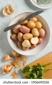 A Bowl Of  Unwashed Red Royale And Creme Gold Potatoes. Too View, 