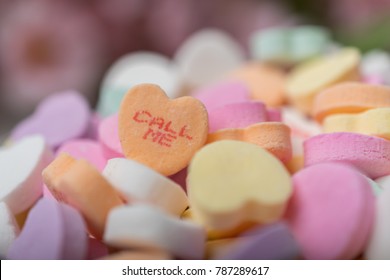 Bowl Of Valentines Heart Candy With Messages.  Focus Is On Call Me.