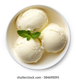 Bowl of vanilla ice cream isolated on white background. From top view