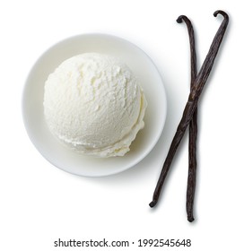 Bowl Of Vanilla Ice Cream Scoop Isolated On White Background, Top View