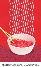 Bowl of vibrant red ramen noodles with chopsticks and stylized steam on graphic red background. Asian cuisine. Conceptual design. Concept of food, pop art, creativity, poster, ad
