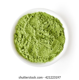 Bowl Of Wheat Or Barley Grass Powder Isolated On White Background, Top View