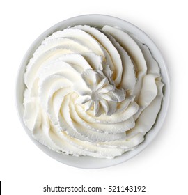 Bowl Of Whipped Cream Isolated On White Background From Top View