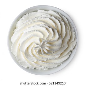 Bowl Of Whipped Cream Isolated On White Background From Top View