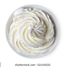 Bowl Of Whipped Cream Isolated On White Background From Top View