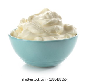 Bowl Of Whipped Mascarpone Cheese Cream Isolated On White Background