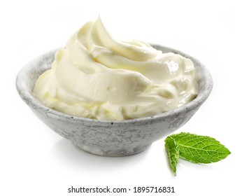 Bowl Of Whipped Mascarpone Cream Cheese Isolated On White Background