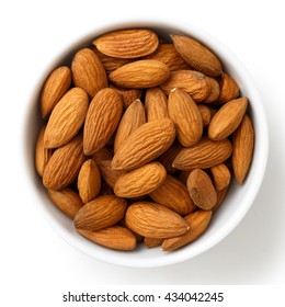 Bowl Of Whole Almonds Isolated On White From Above.