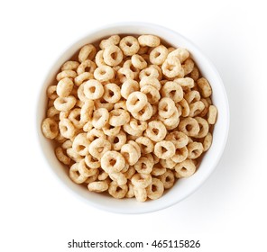 Bowl Of Whole Grain Cereal Rings Isolated On White Background, Top View