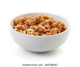 Bowl Of Whole Grain Muesli Isolated On White Background