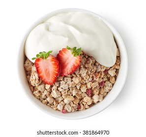 Bowl of whole grain muesli with yogurt and fresh strawberries isolated on white background, top view - Powered by Shutterstock