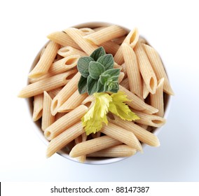 Bowl Of Whole Wheat Pasta Tubes - Overhead